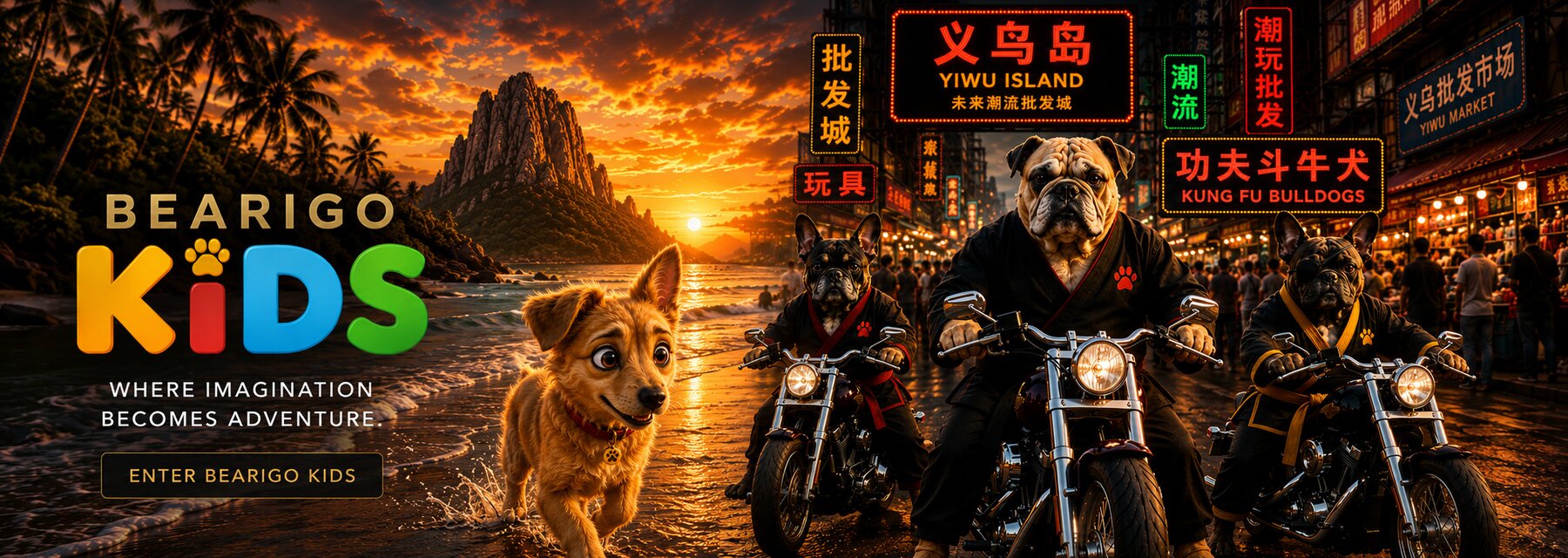 Bearigo Kids — Symba and the Kung Fu Bulldogs on a sunset beach