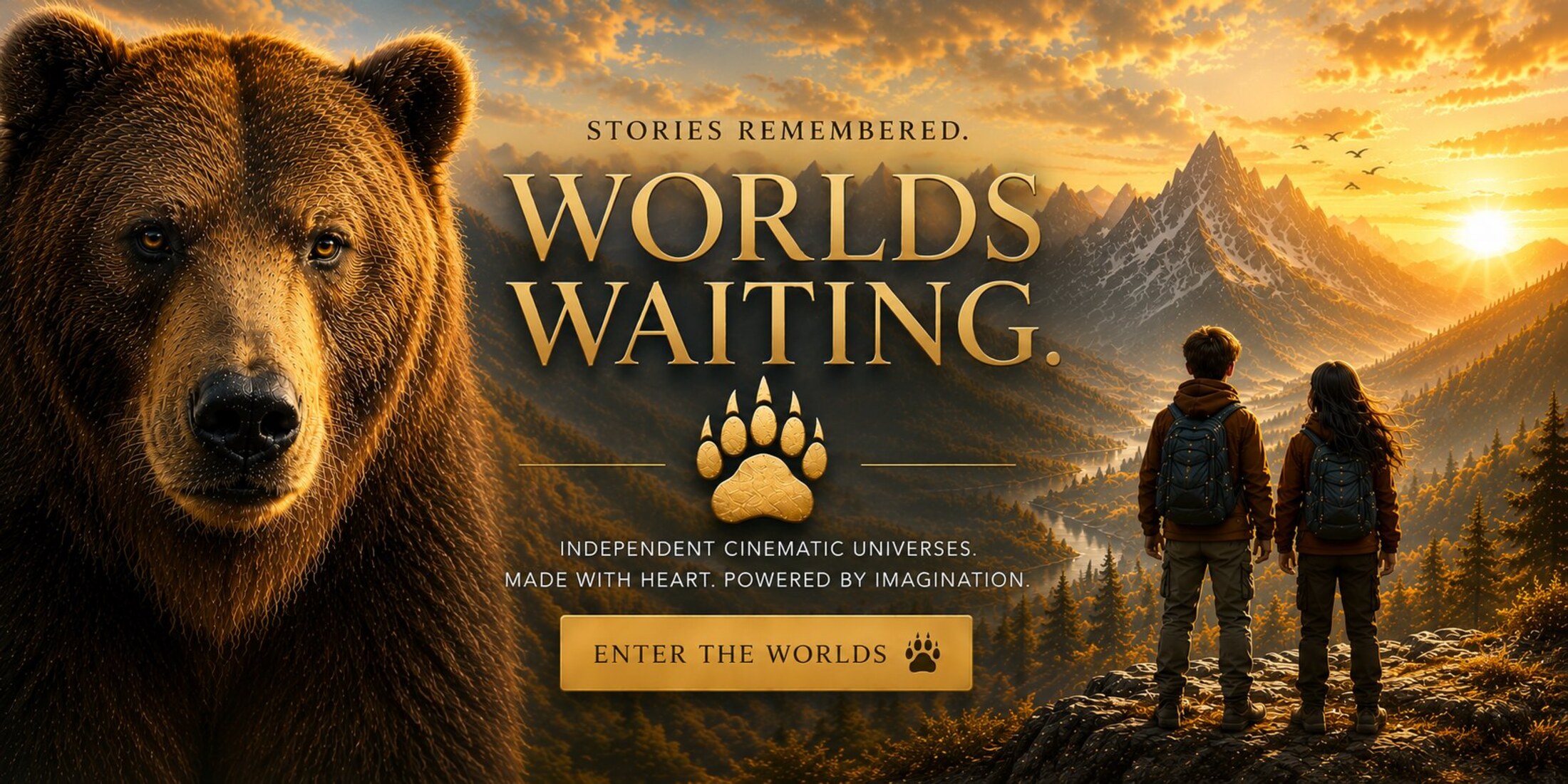 Bearigo Studios — Stories Remembered, Worlds Waiting. A bear's face beside two young travellers looking out over mountains at sunrise.
