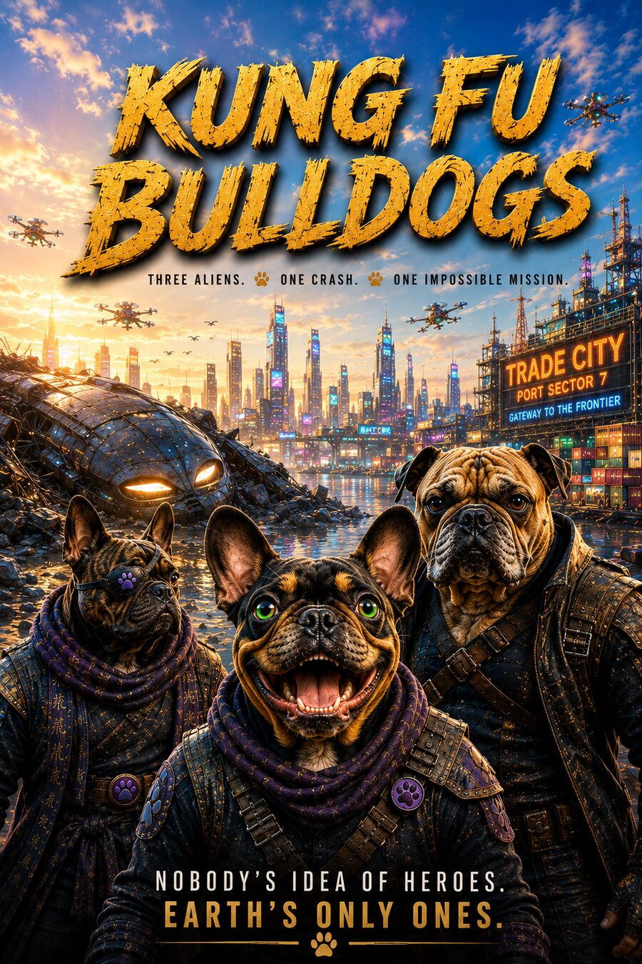 Kung Fu Bulldogs poster — three French Bulldogs and an English Bulldog at Trade City, Port Sector 7
